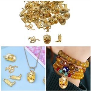 🍎 50pc Western Themed Cowboy Charms Beads Necklace Bracelet Jewelry Making Gold